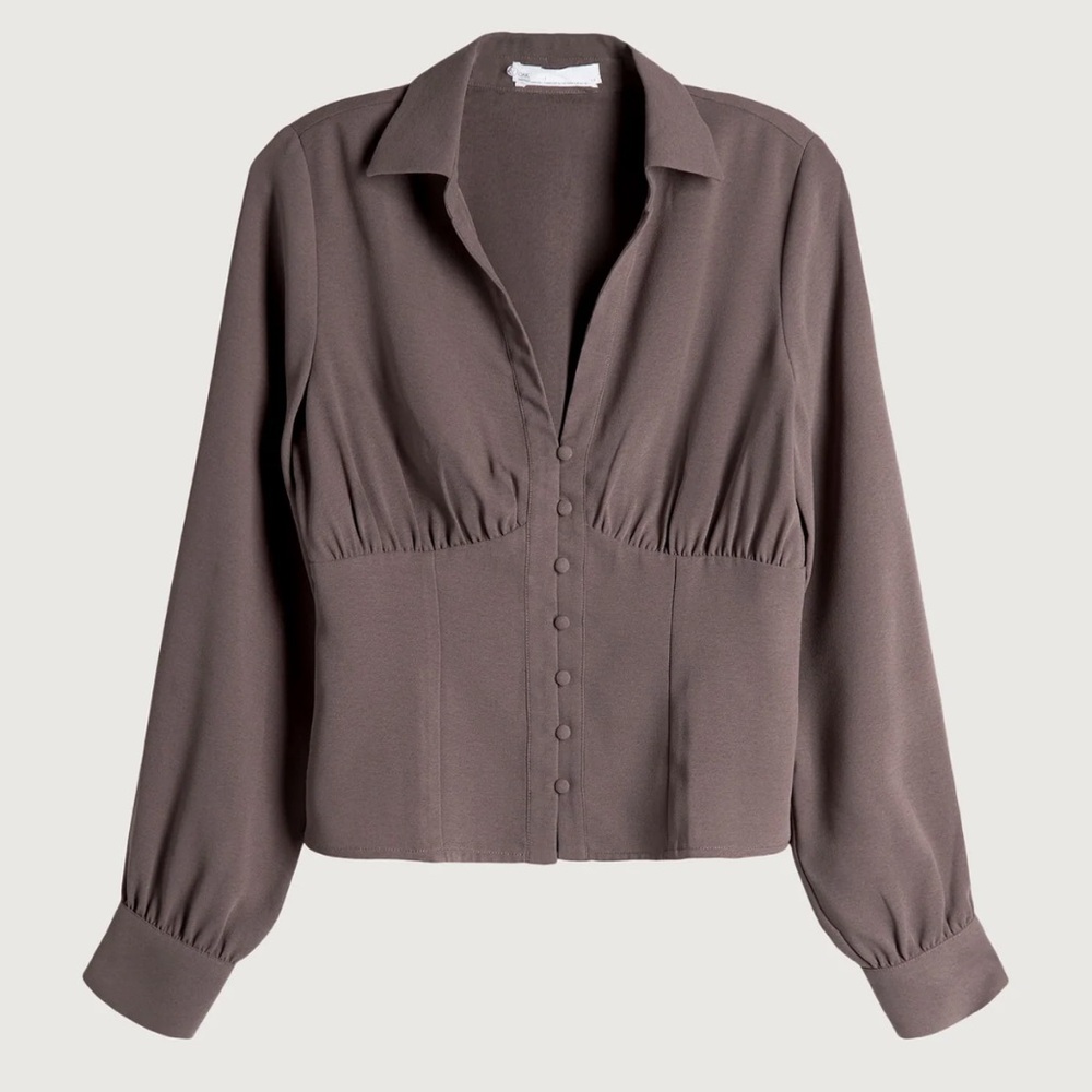 OAK + FORT Taupe Button-Front Long Sleeve Blouse